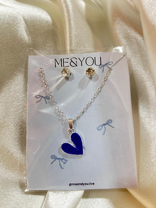 Jewelry set with heart pendant on a 'ME&YOU' branded card.